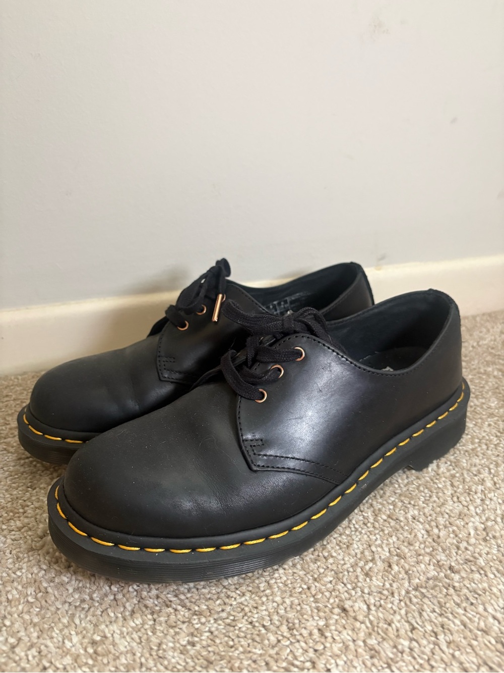 Dr. Martens Black Leather Oxford Flats with Yellow Stitching